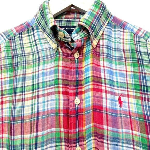 RALPH LAUREN Sport Linen Shirt Size 4 Womens Pink Green Plaid Long Sleeve Button - Picture 2 of 10